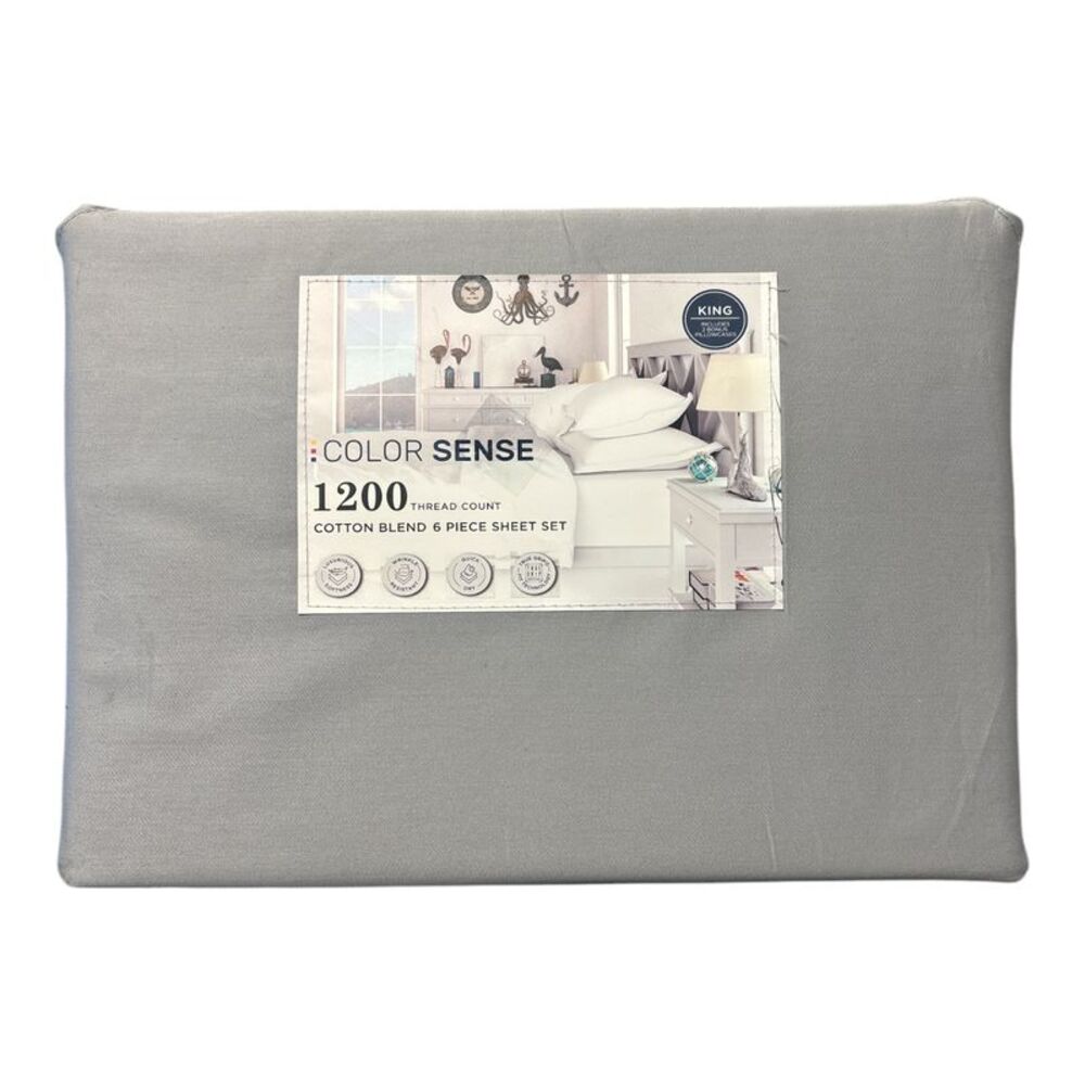 Color Sense 1200 Thread Count Cotton Blend 6 Piece Sheet Set - Soft Silver